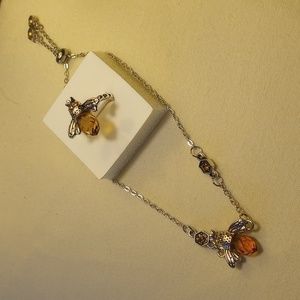 Crystal Bee curb chain bracelet for wrist/ankle, ring and necklace set